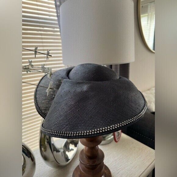 VTG NWT Adolfo II Black Straw Rhinestone Trim Hat - Picture 7 of 13